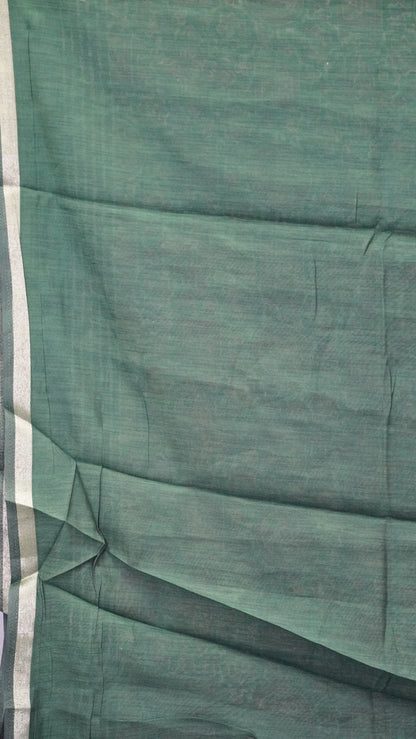 Malai Cotton Saree Ajrakh Border - Bottle Green