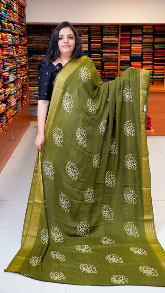 Shiffon Printed Saree Olive Green With Zari Border