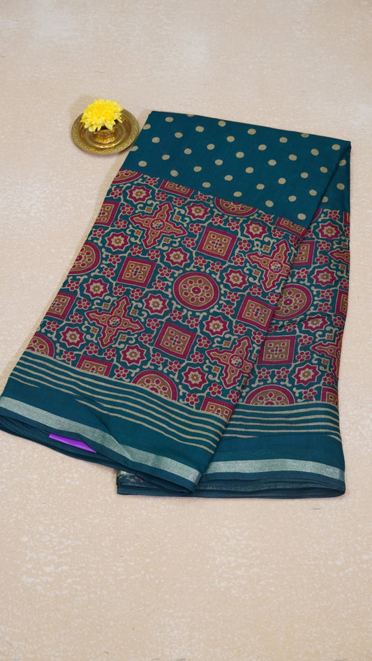 Malai Cotton Saree Ajrakh Border - Teal Green