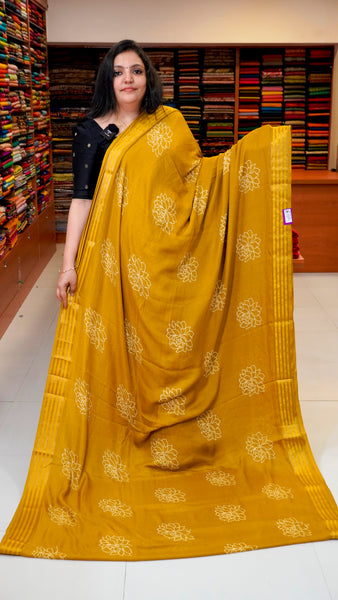 Shiffon Printed Saree Mustard With Zari Border