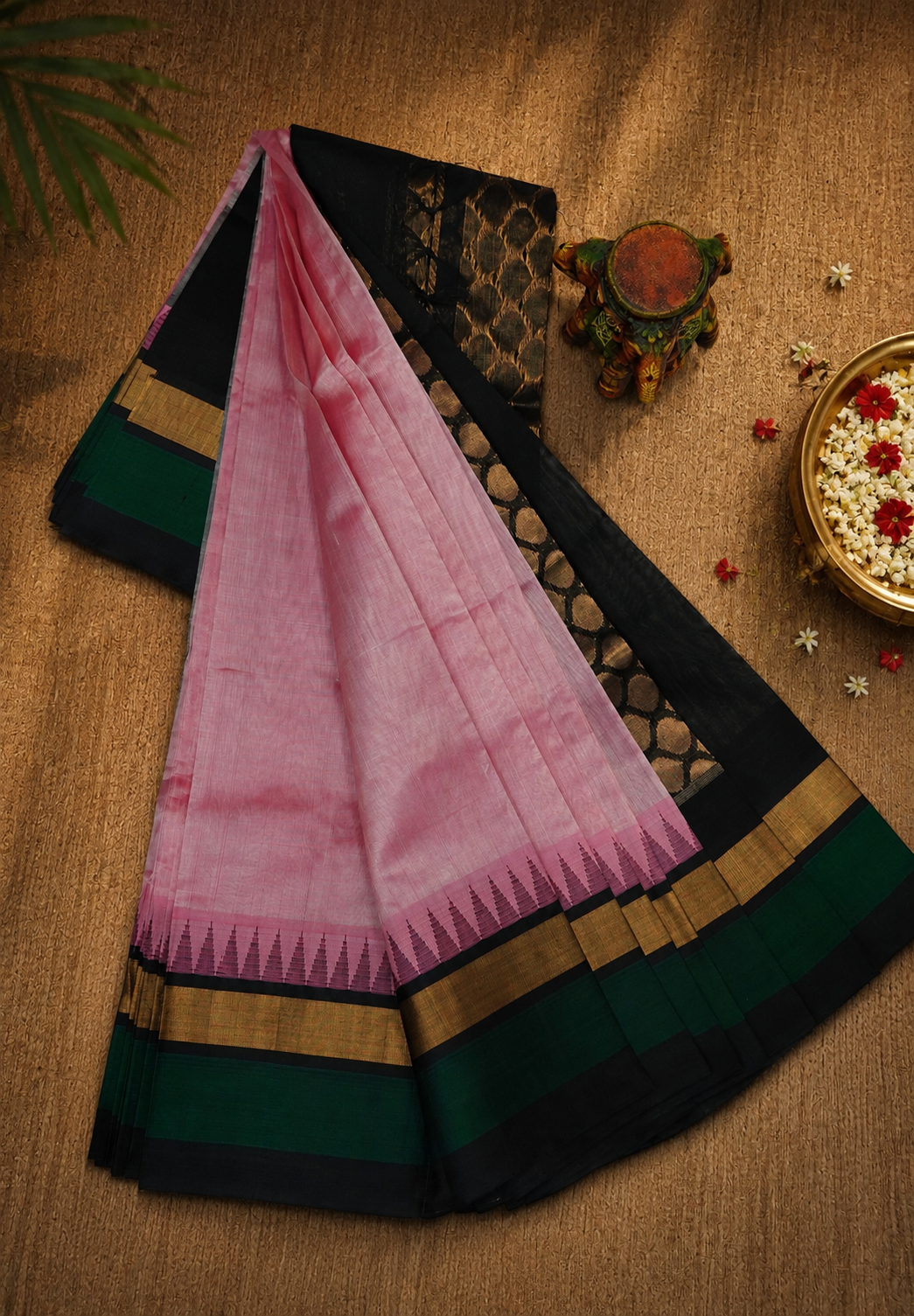 Pure Silk Cotton Saree –Baby Pink with Classic Temple Zari Border