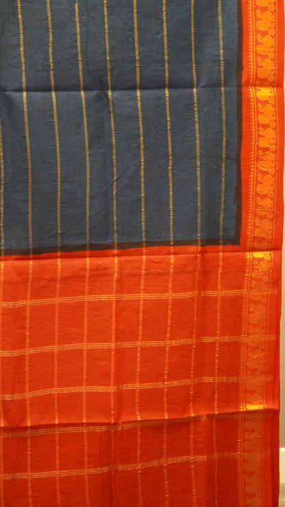 Sungudi Cotton Saree Checks Veldhari-Greyish blue