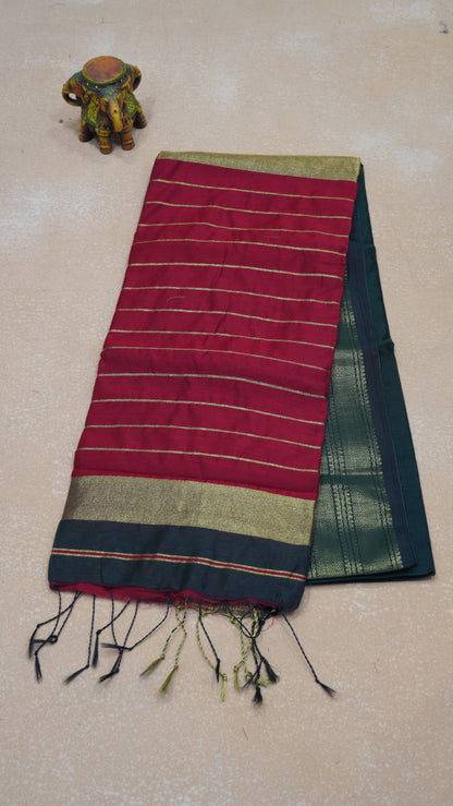 Maheswari Cotton Saree Plain- Bottle Green