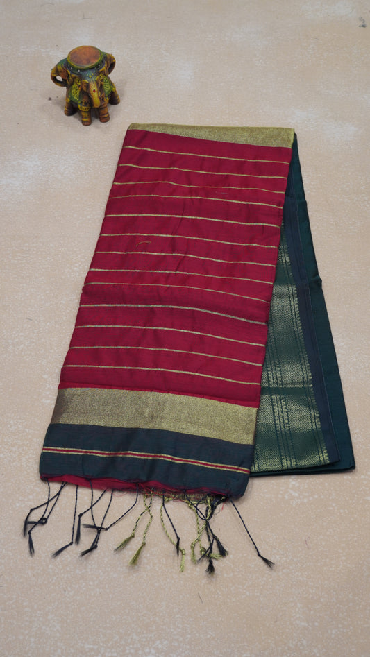 Maheswari Cotton Saree Plain- Bottle Green