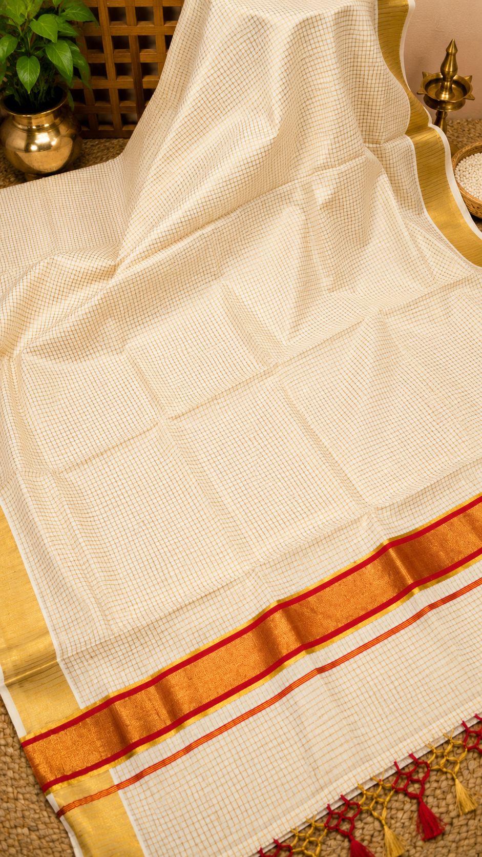 Cotton Saree – Off White with Micro Checks and Red Kasavu Border