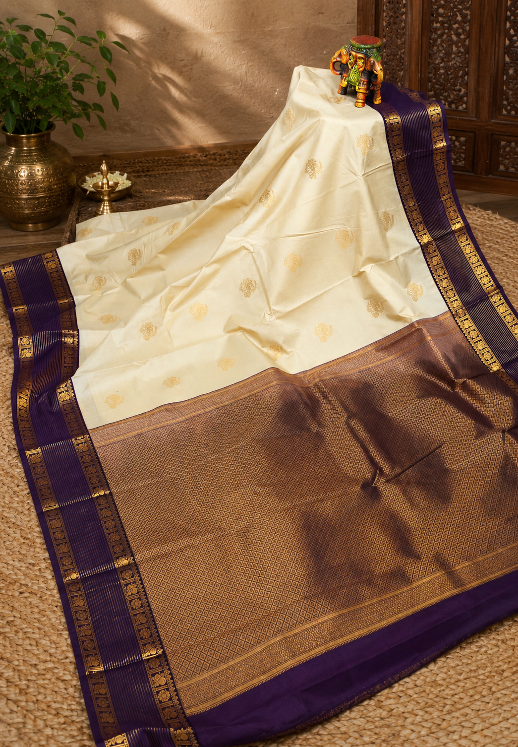 Semi Silk Saree-Cream with Contrast Zari Border
