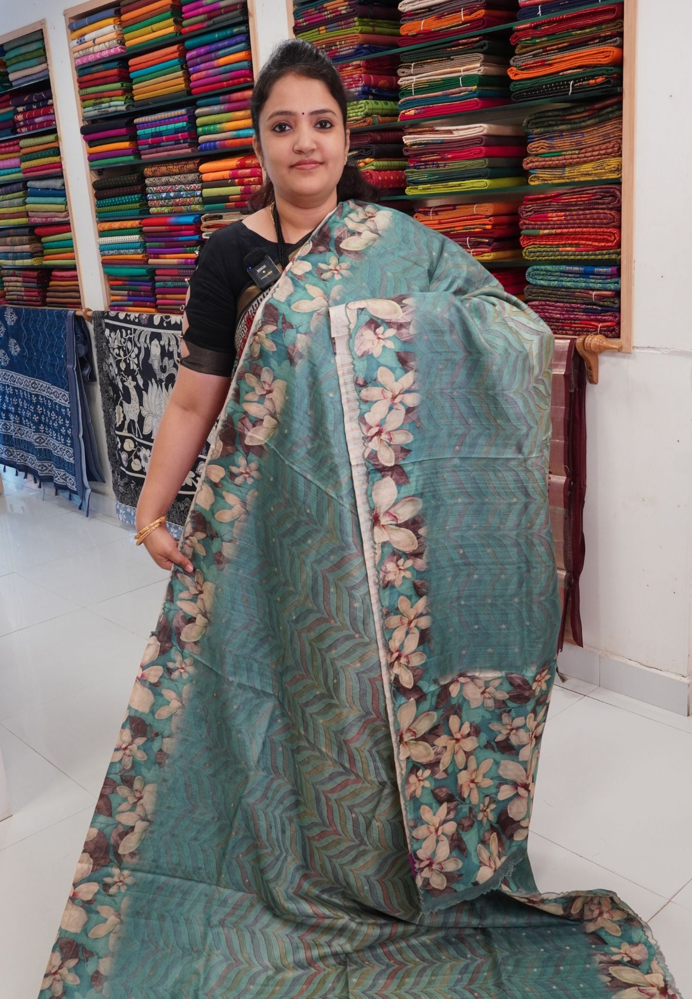 Semi Tussar Saree - Zigzag Floral Sea Green