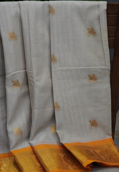 Chettinad Cotton Saree–Cream with Elephant Zari Border