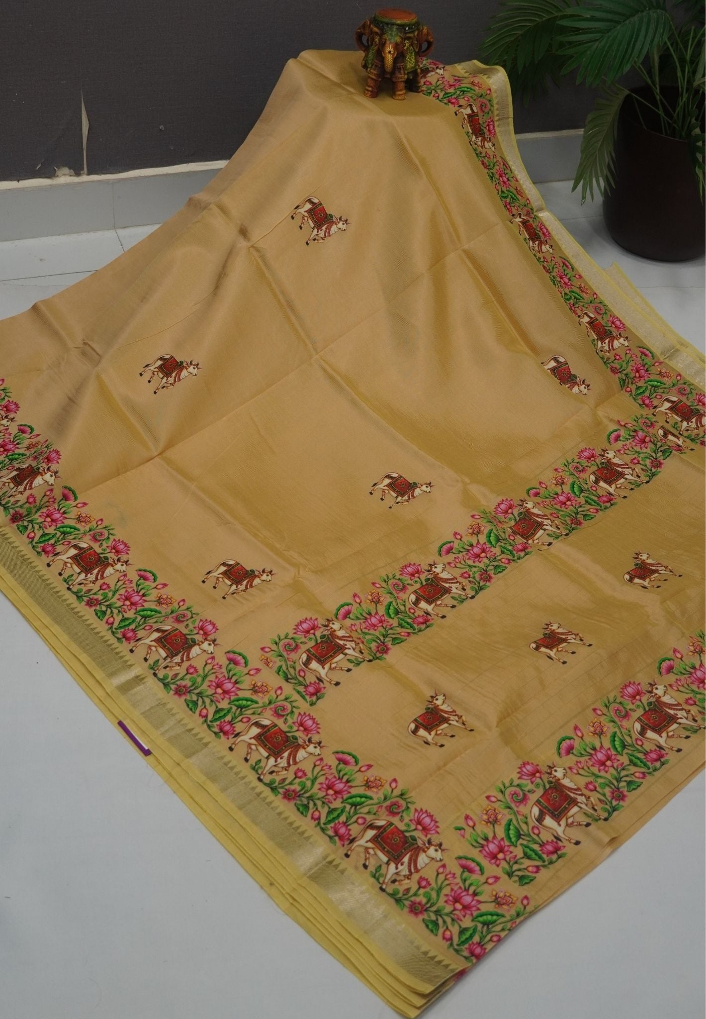 Pure Mangalgiri Silk Saree-Sandal with Tanjore Print