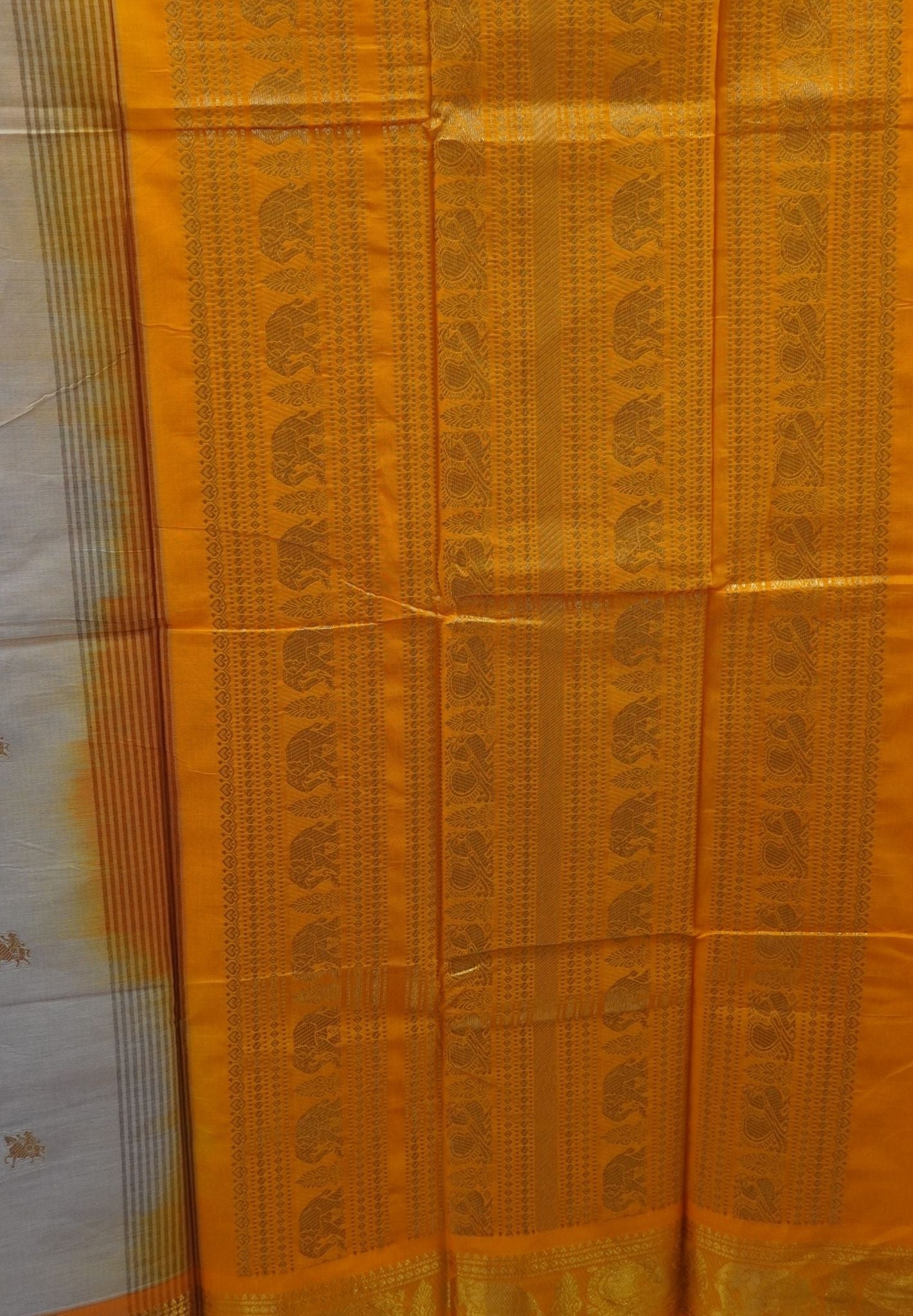 Chettinad Cotton Saree–Cream with Elephant Zari Border