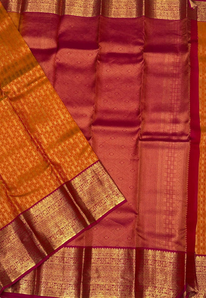 Pure Kanchipuram Silk Saree- Traditional Yellowish Orange with Contrast Border