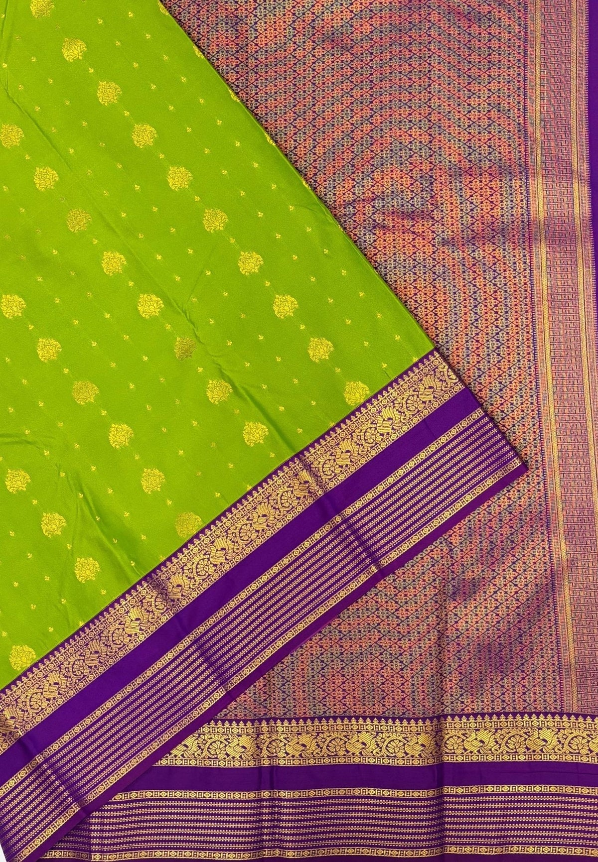 Budget Kanchipuram Saree-Light Green In Floral Zari Panel With Contrast Border