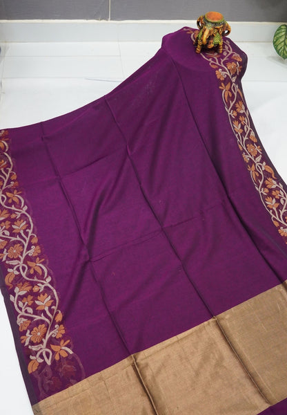 Handloom Cotton Saree-Wine Floral Jamdhani Border