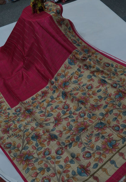 Semi Tussar Saree-Dark Pink