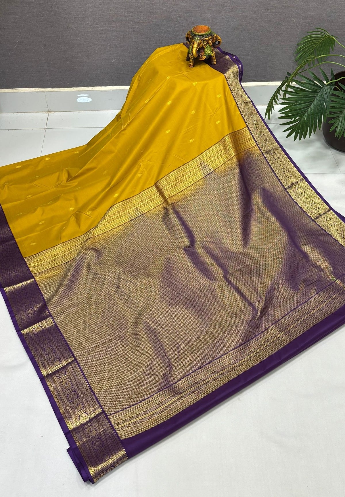 Budget Kanchipuram Saree-Golden Yellow with Contrast Border