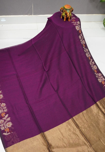 Handloom Cotton Saree-Wine Paithani Border