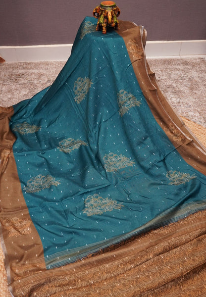 Semi Tussar Saree-Peacock Green with Mini Zari Dots