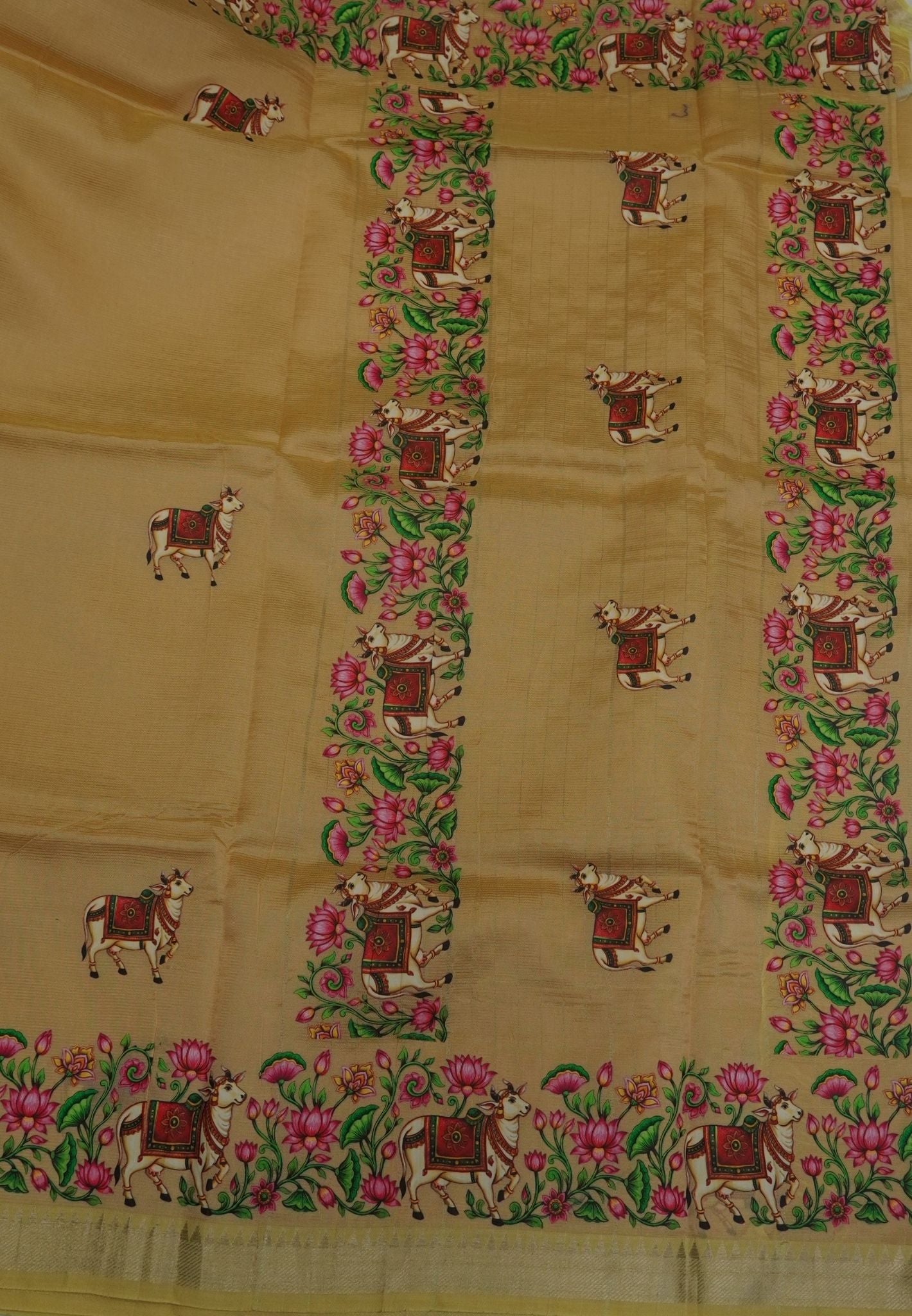 Pure Mangalgiri Silk Saree-Sandal with Tanjore Print