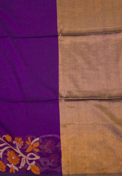 Handloom Cotton Saree-Wine Floral Jamdhani Border