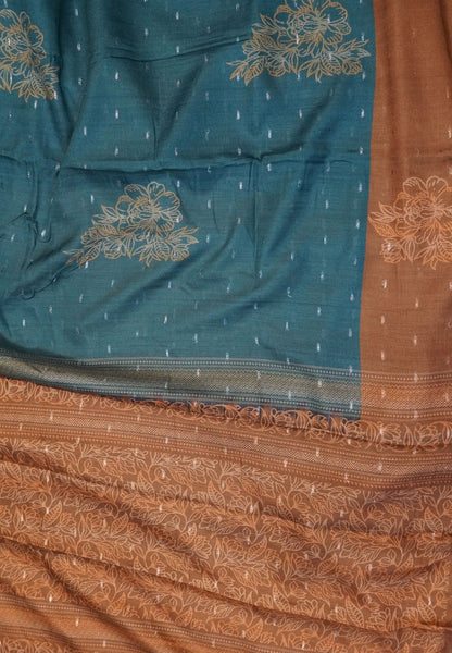 Semi Tussar Saree-Peacock Green with Mini Zari Dots