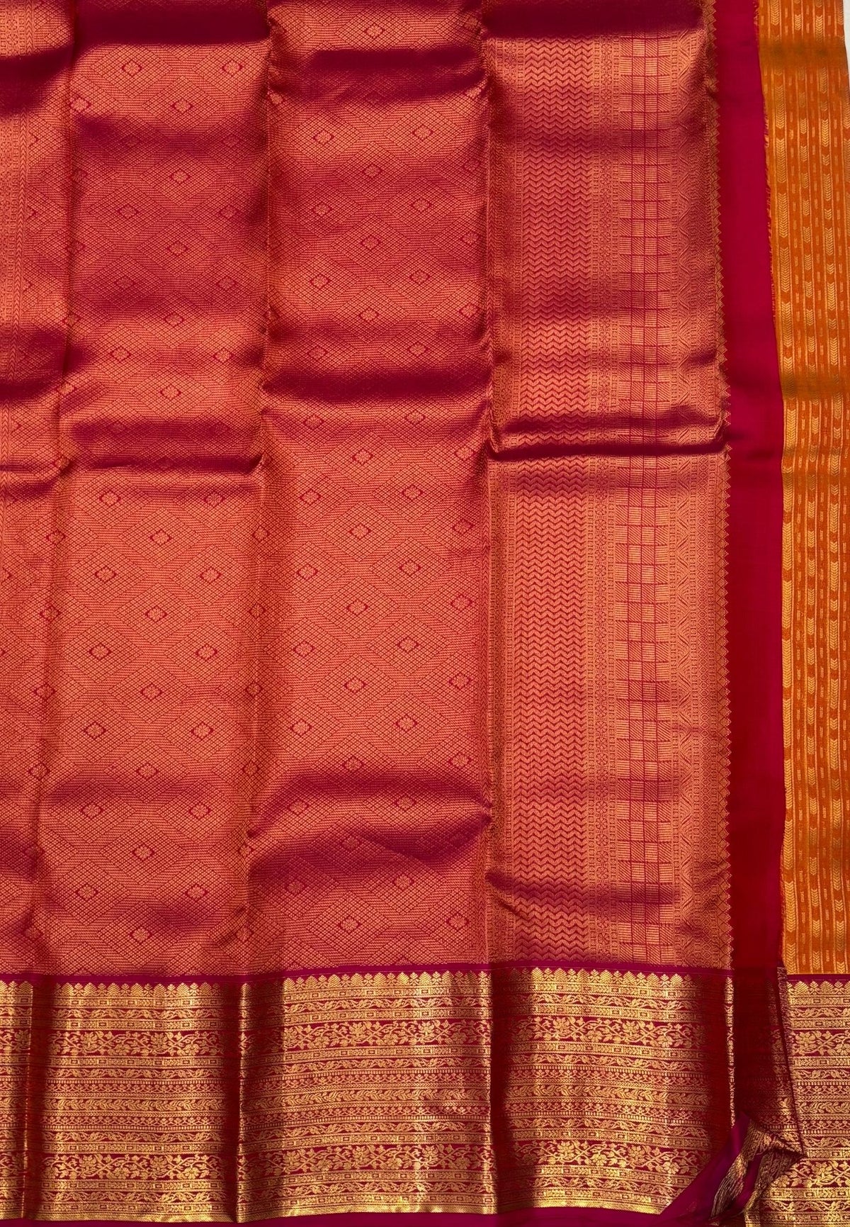 Pure Kanchipuram Silk Saree- Traditional Yellowish Orange with Contrast Border