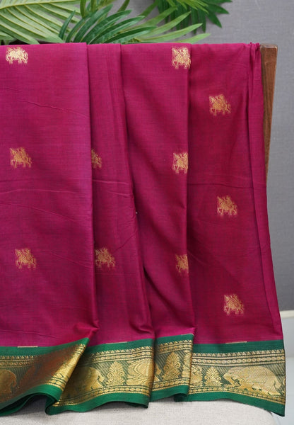 Chettinad Cotton Saree–Magenta with Elephant Zari Border