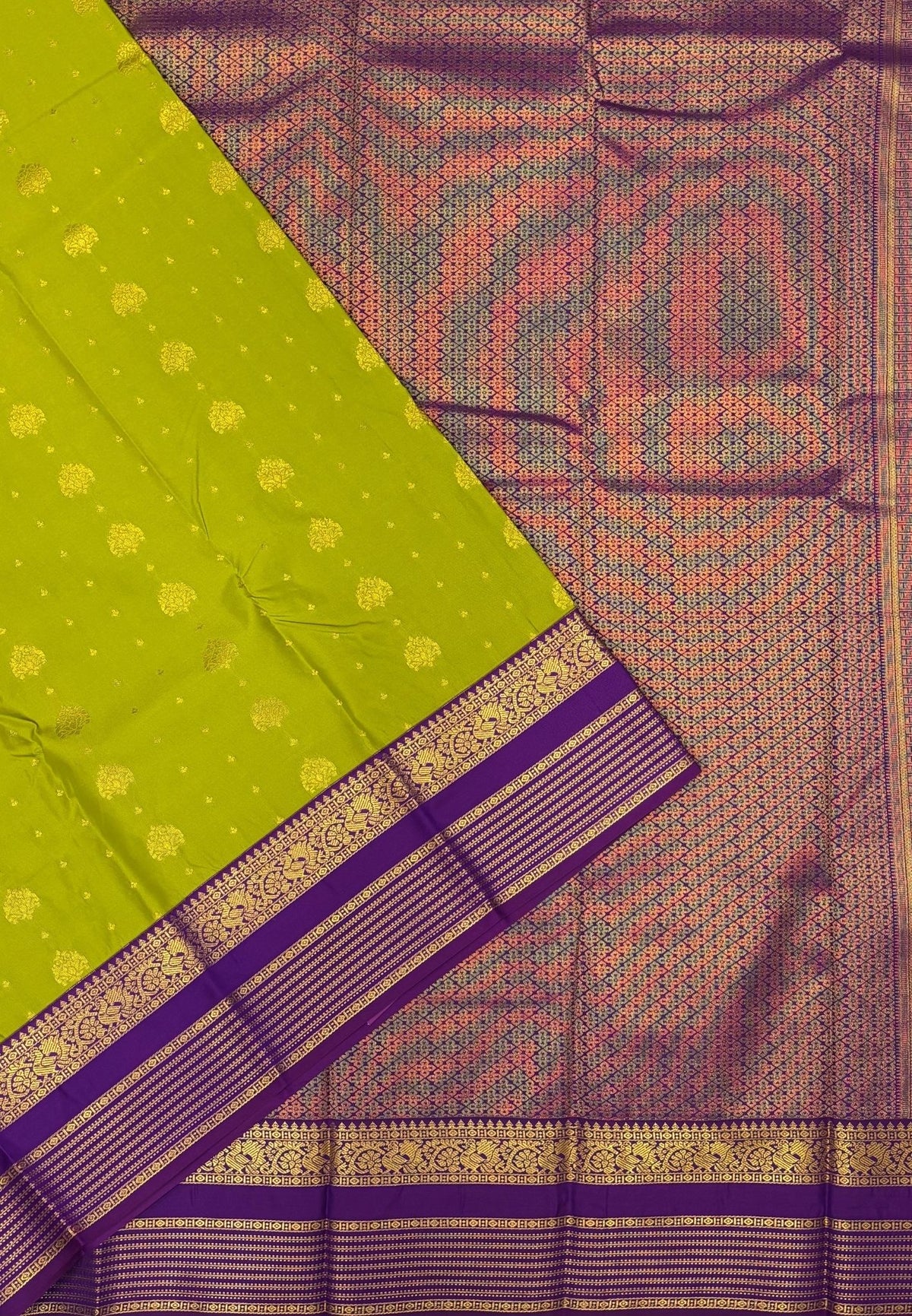 Budget Kanchipuram Saree-Olive Green In Traditional Peacock Zari With Contrast Border