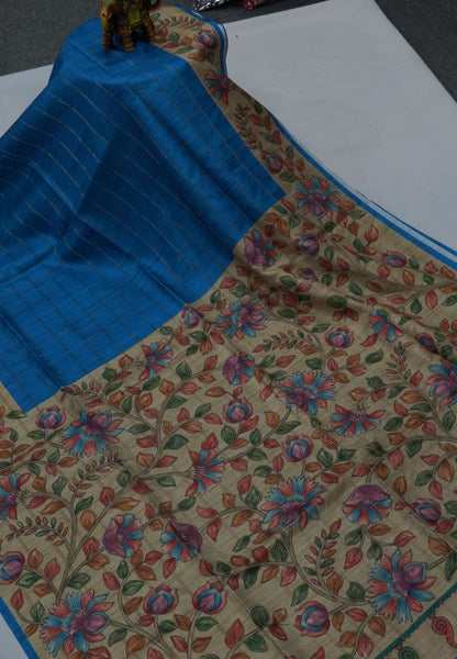 Semi Tussar Saree-Blue
