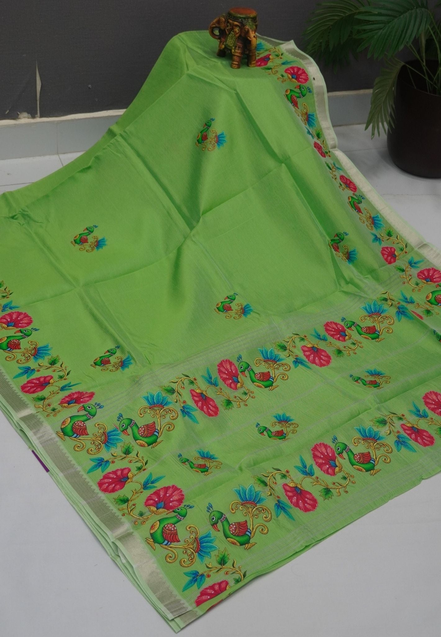 Pure Mangalgiri Silk Saree-Parrot Green with Tanjore Print