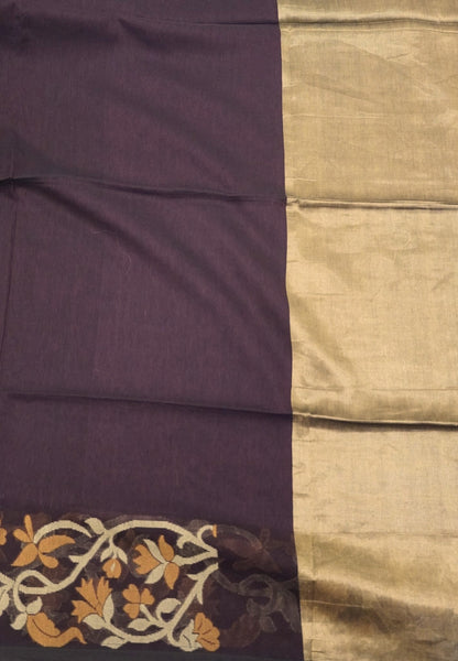 Handloom Cotton Saree-Coffee Brown Floral Jamdhani Border