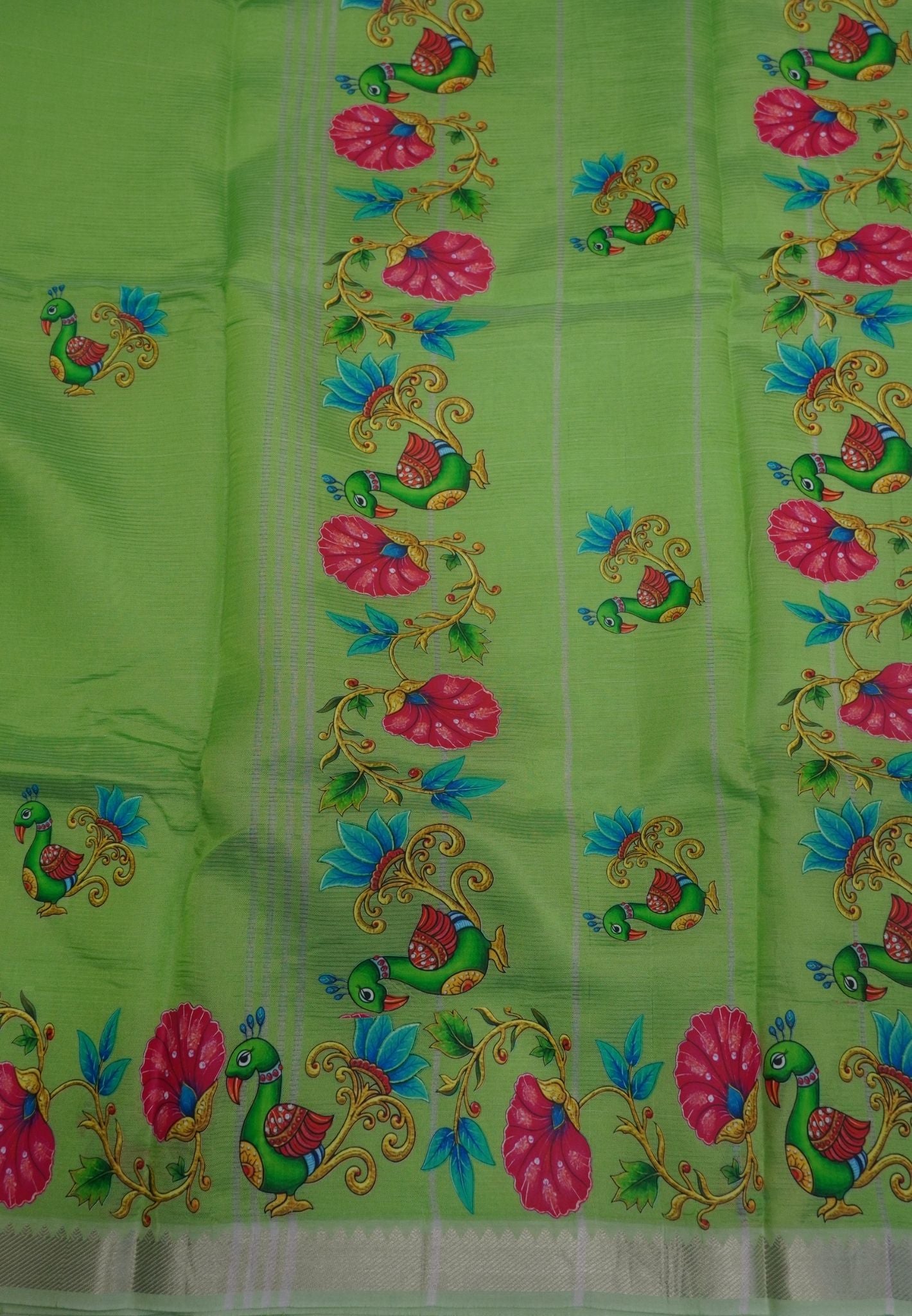 Pure Mangalgiri Silk Saree-Parrot Green with Tanjore Print