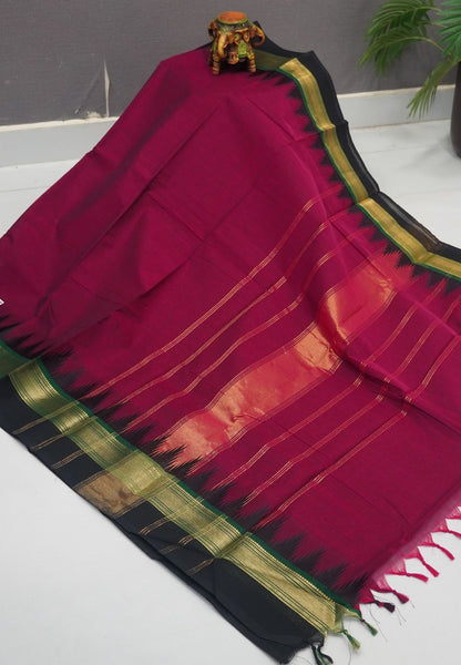 Chettinadu Cotton Saree-Dark Magenta with Thazhampoo Border