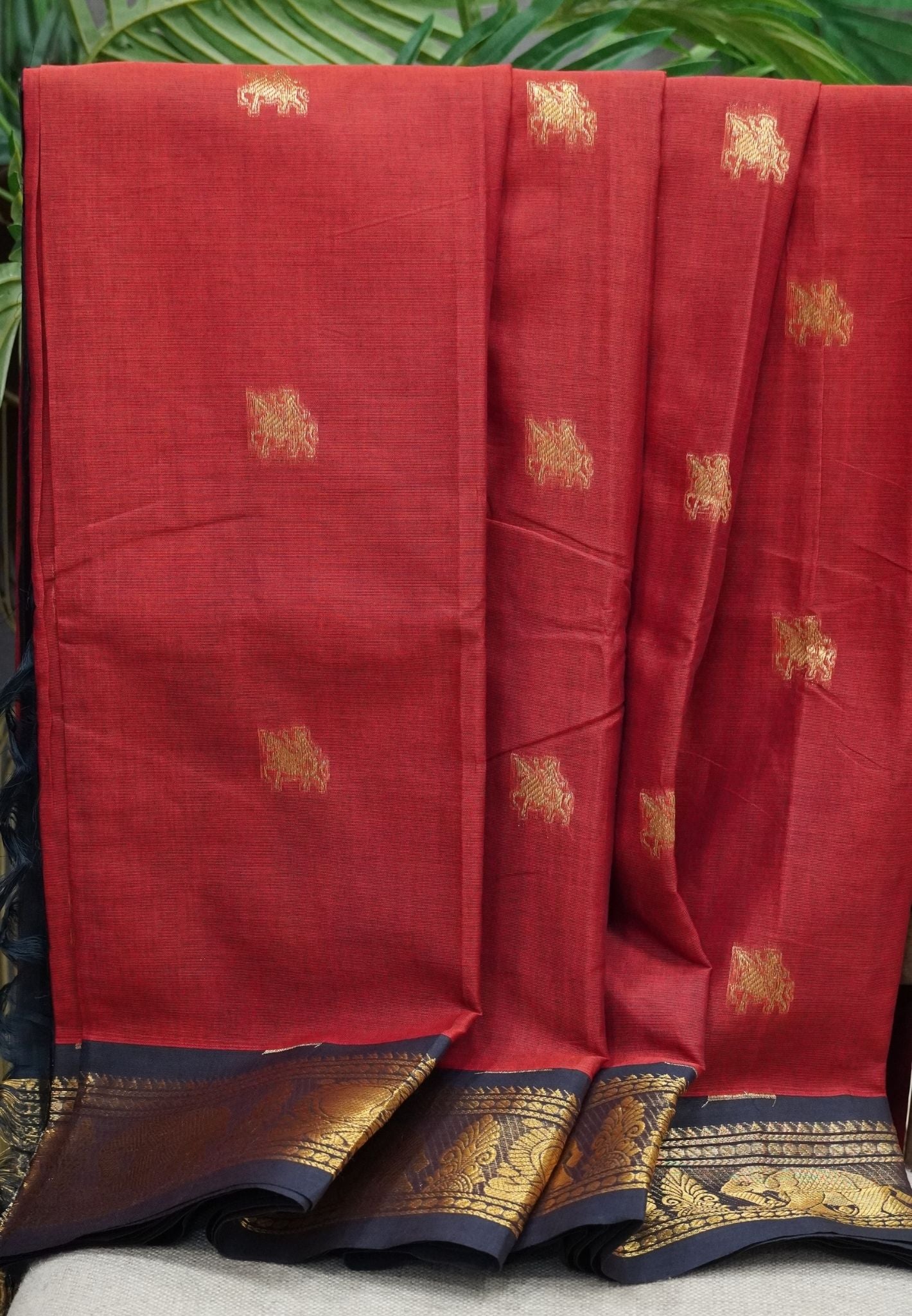 Chettinad Cotton Saree–Brick Red with Elephant Zari Border