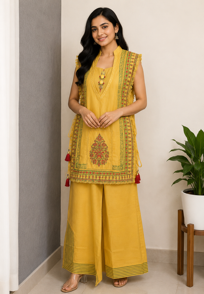 Floral Sheer Overlay 3-Piece Kurti Set