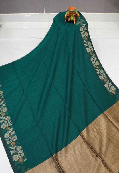 Handloom Cotton Saree-Peacock Green Paithani Border