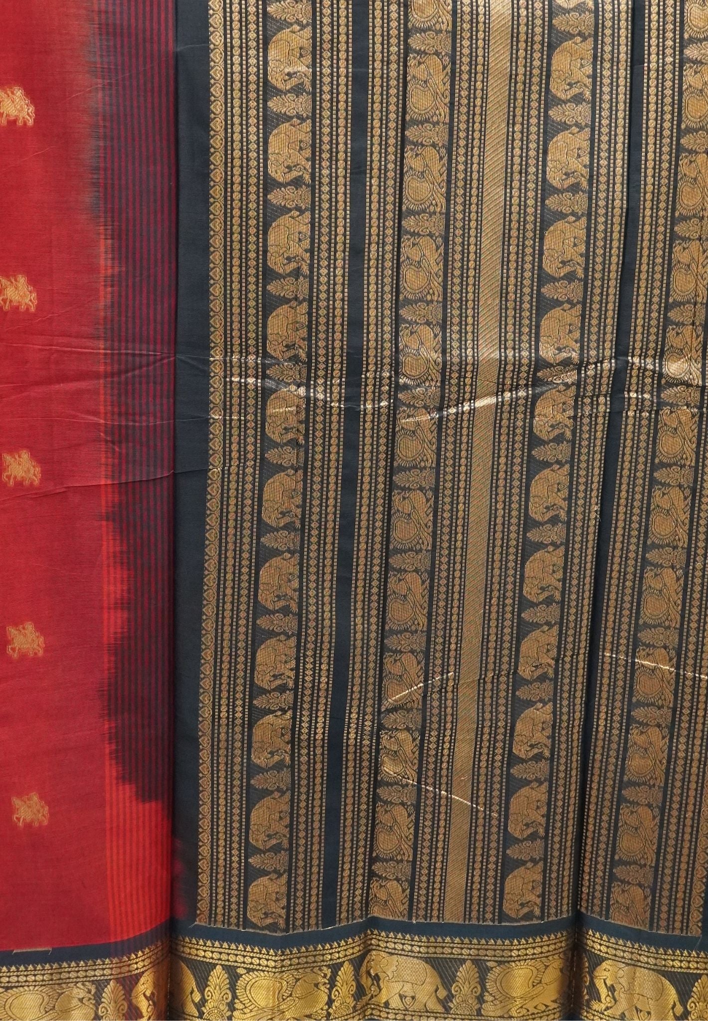 Chettinad Cotton Saree–Brick Red with Elephant Zari Border