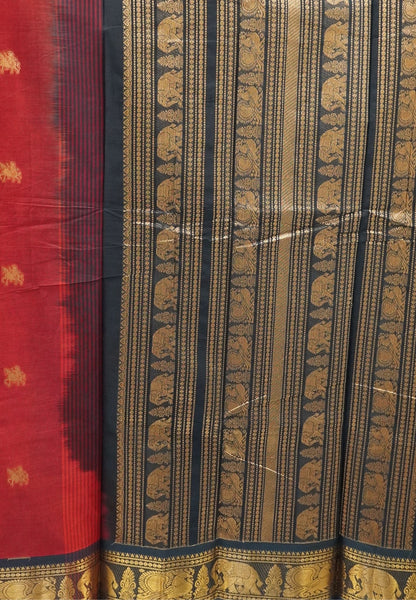 Chettinad Cotton Saree–Brick Red with Elephant Zari Border