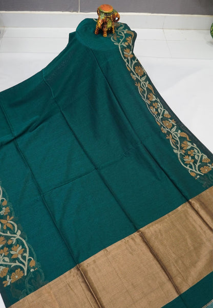 Handloom Cotton Saree-Peacock Green Floral Jamdhani Border