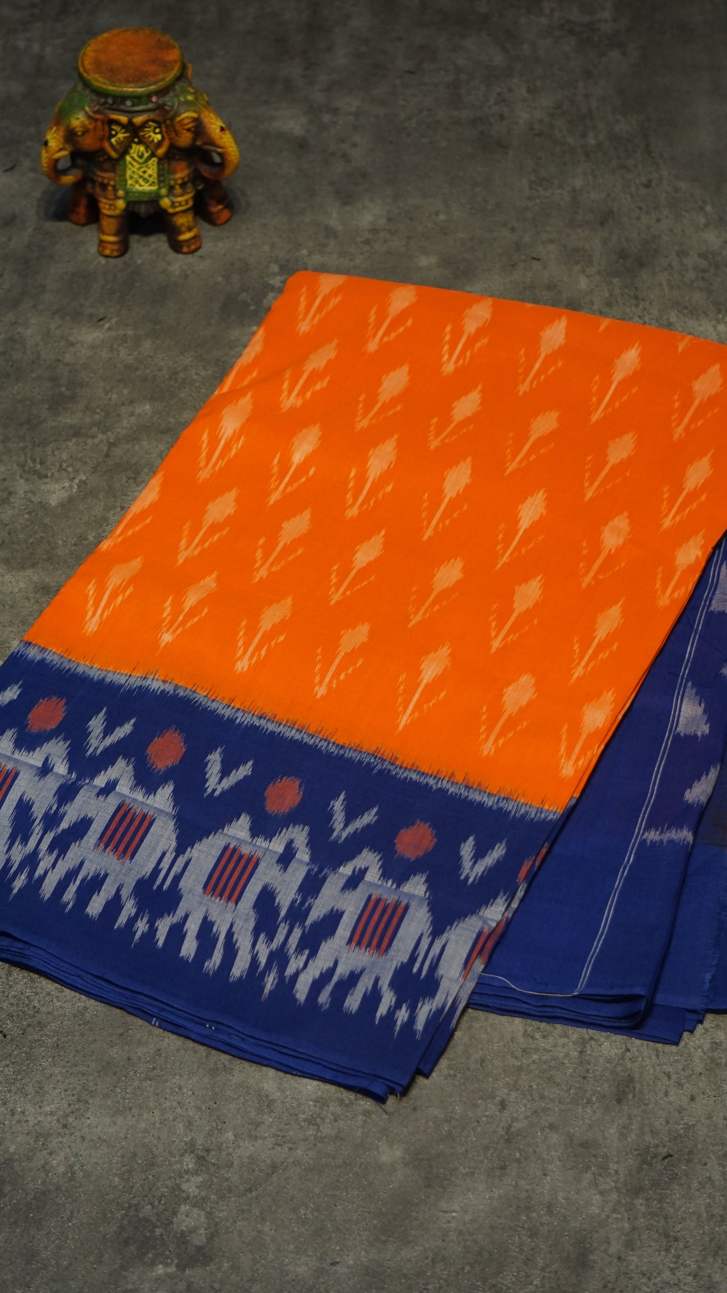 Pochampally Cotton double Ikkat Saree Orange -  Blue