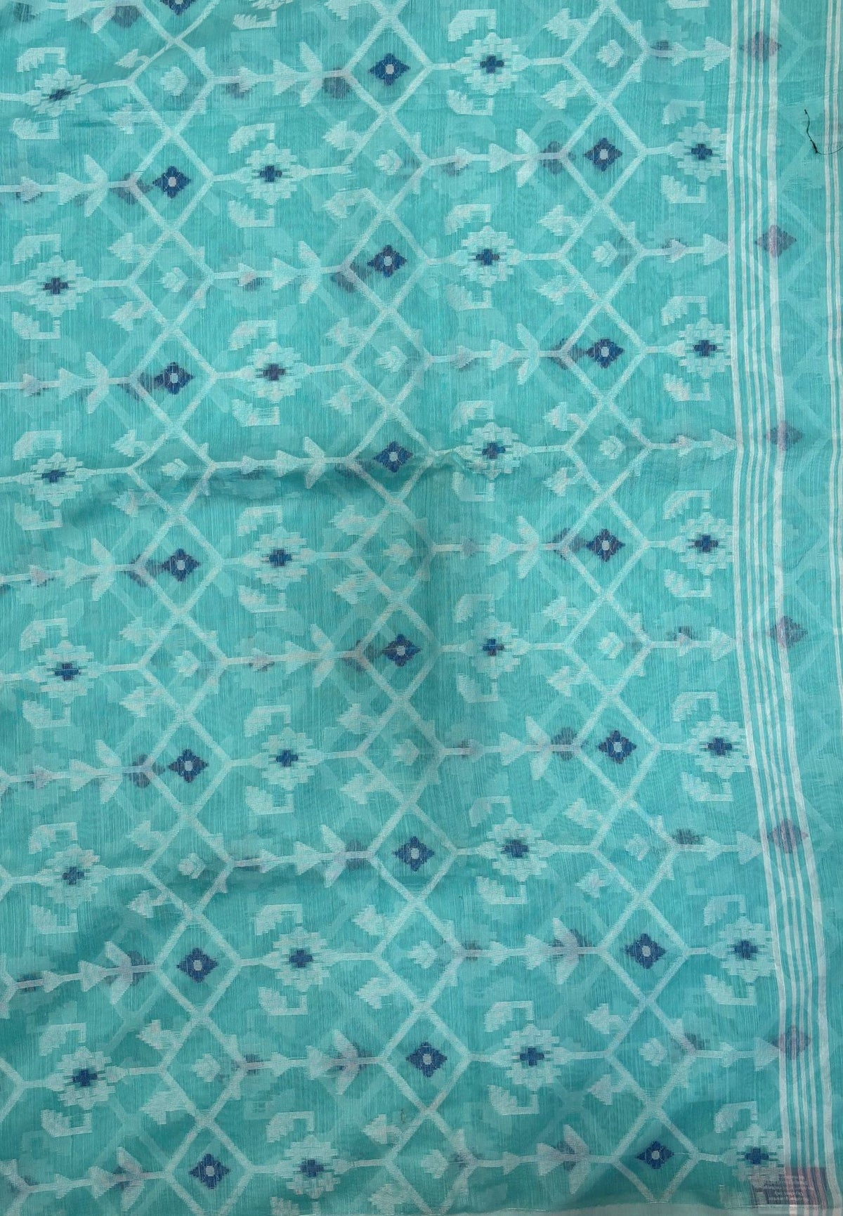 Handloom Cotton Saree-Teal Green in Diamond Pattern Border