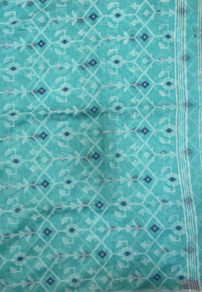 Handloom Cotton Saree-Teal Green in Diamond Pattern Border