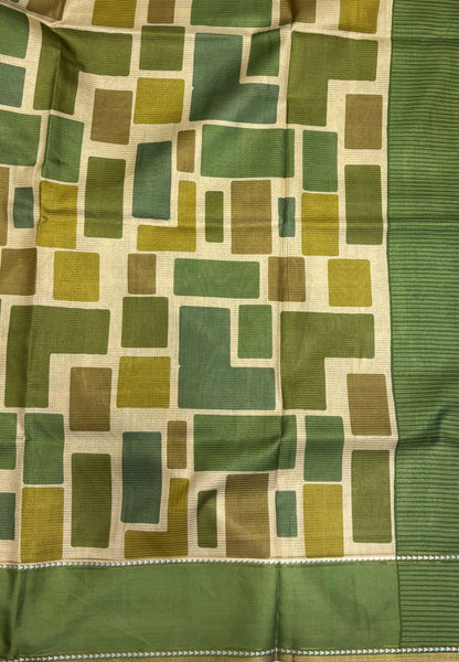 Tussar Saree-Green in Geometric 3D Square Pattern Border