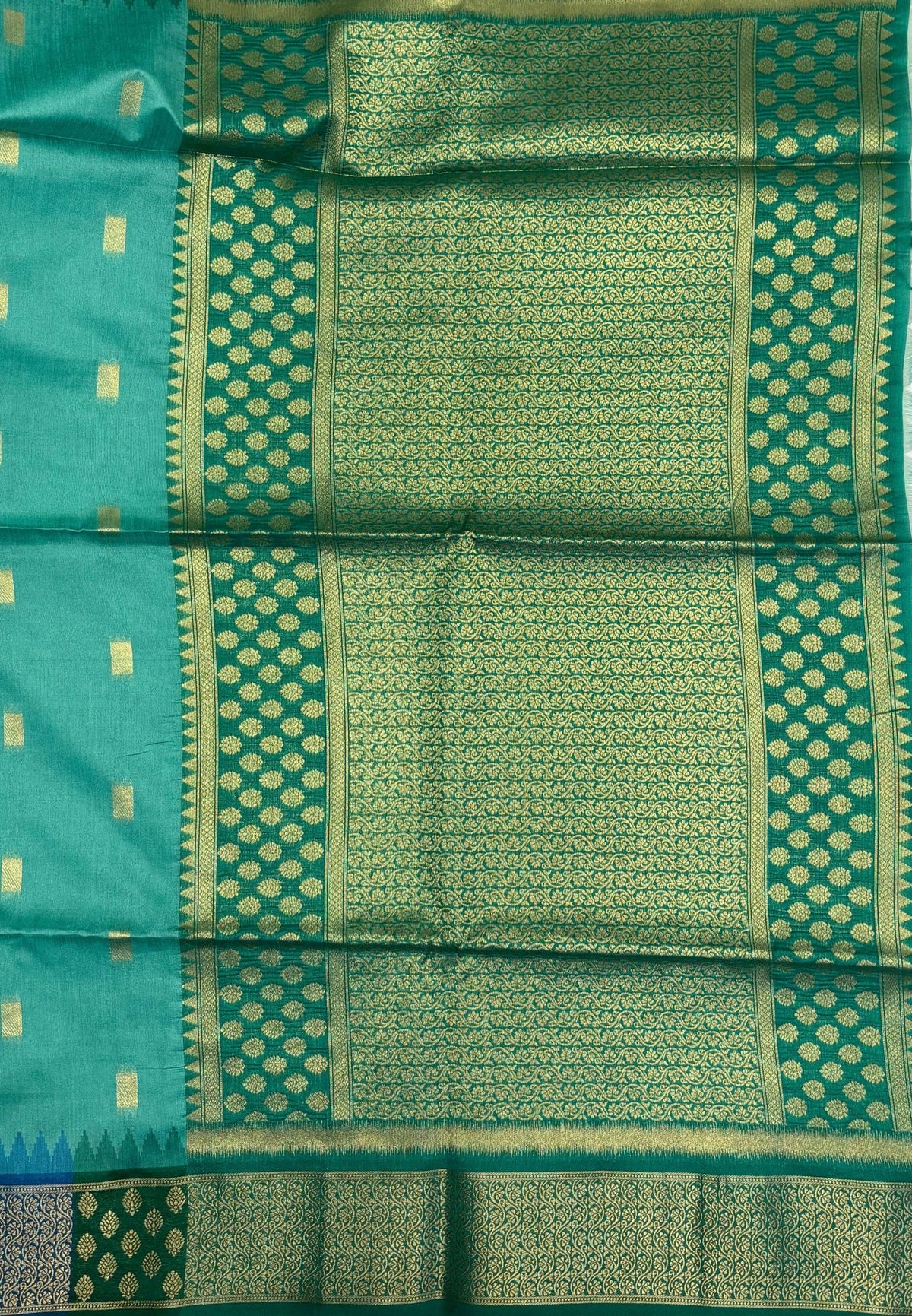 Raw Silk Saree-Teal Green In Brocade Floral Panel Border