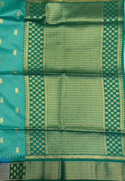 Raw Silk Saree-Teal Green In Brocade Floral Panel Border
