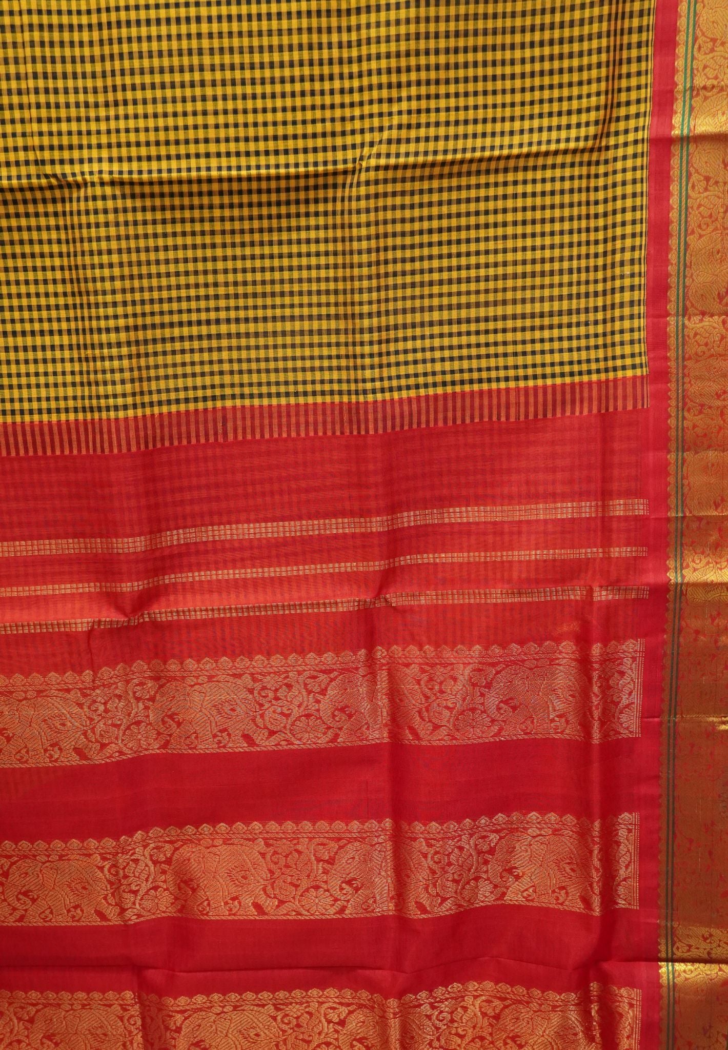 Pure Silk Cotton Saree-Mustard with Red Border
