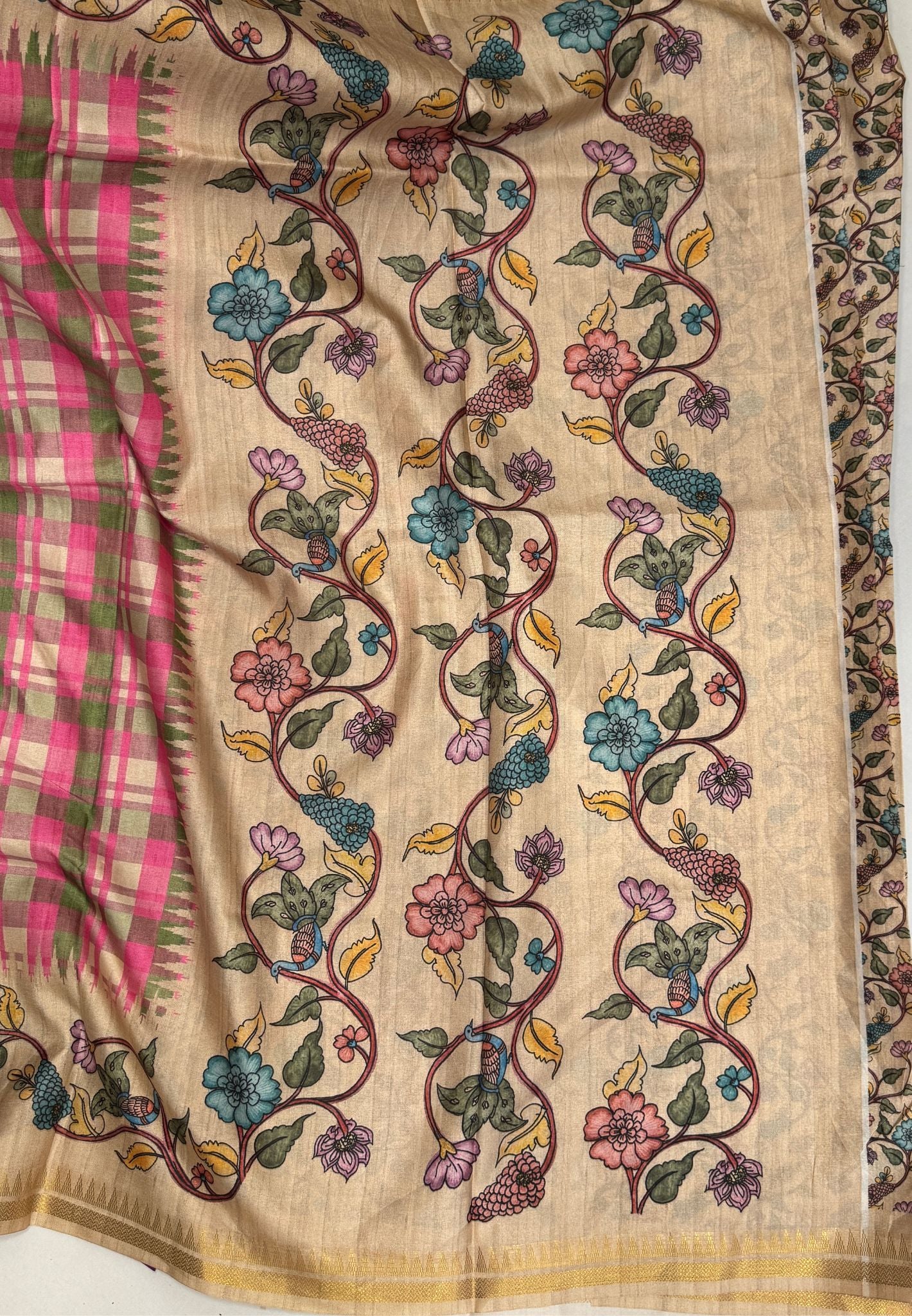 Semi Tussar Saree - Pink Madras Checks With Floral Designs