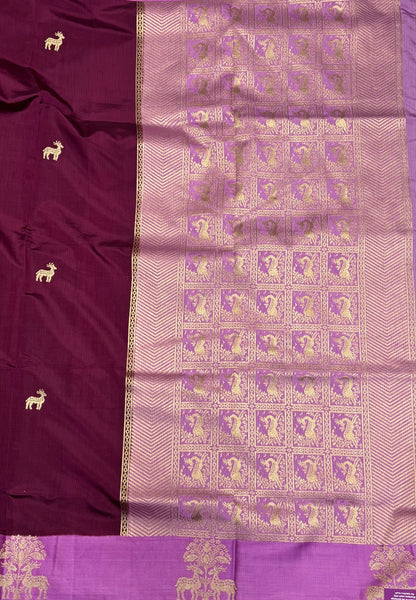 Mulberry Silk Saree-Tone of Wine with Deer Border