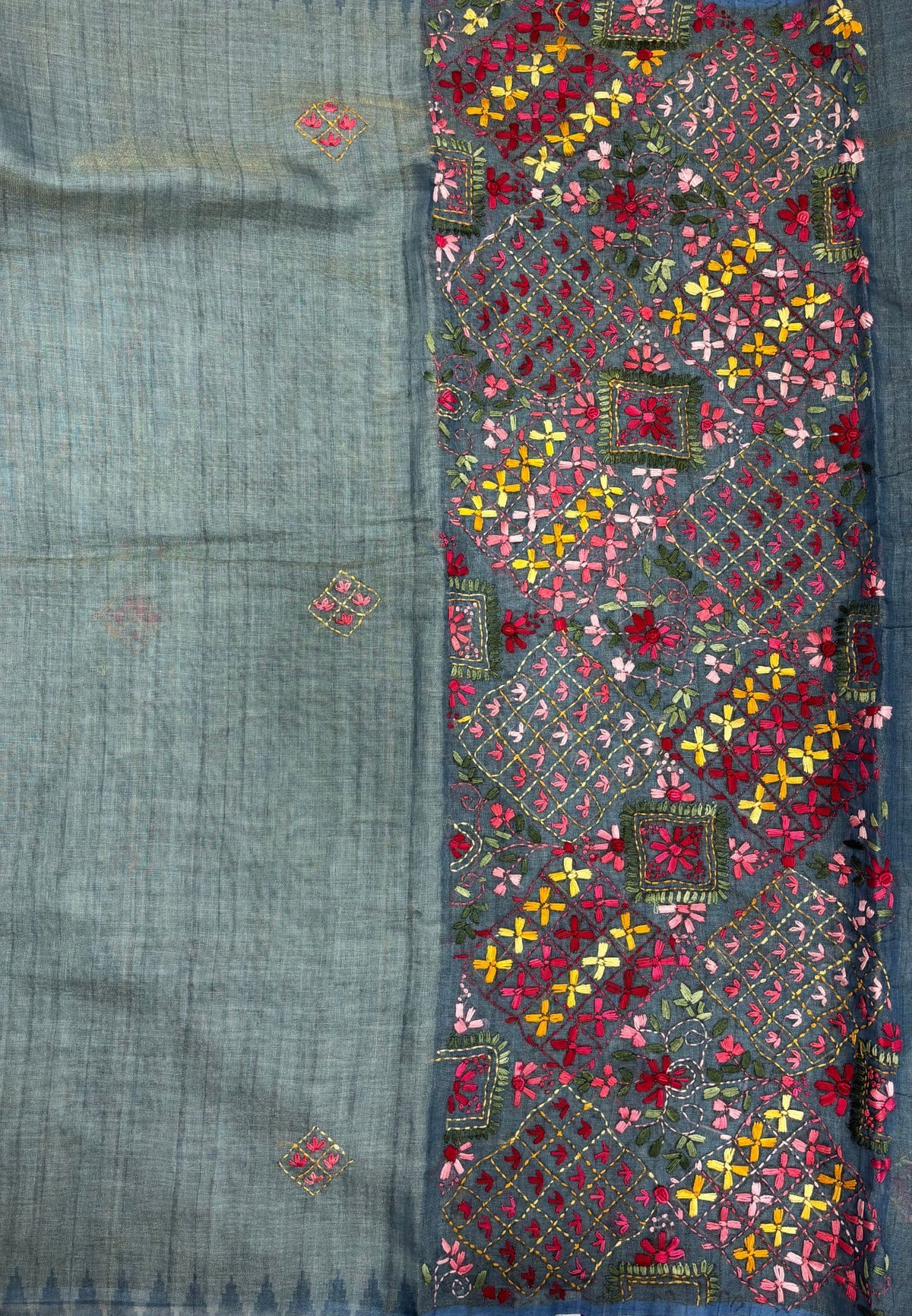 Tissue Linen Saree-Blue in Phulkari Embroidery Border