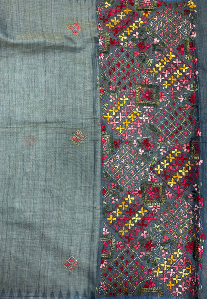 Tissue Linen Saree-Blue in Phulkari Embroidery Border
