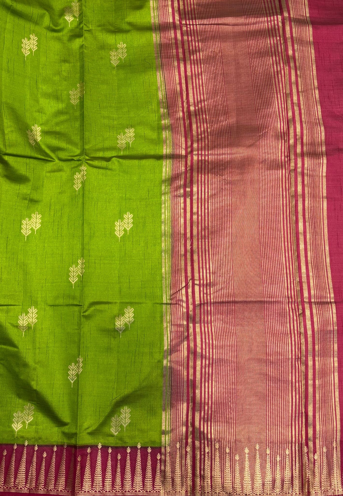 Semi Tussar Saree-Light Green in Traditional Striped Zari with Contrast Border